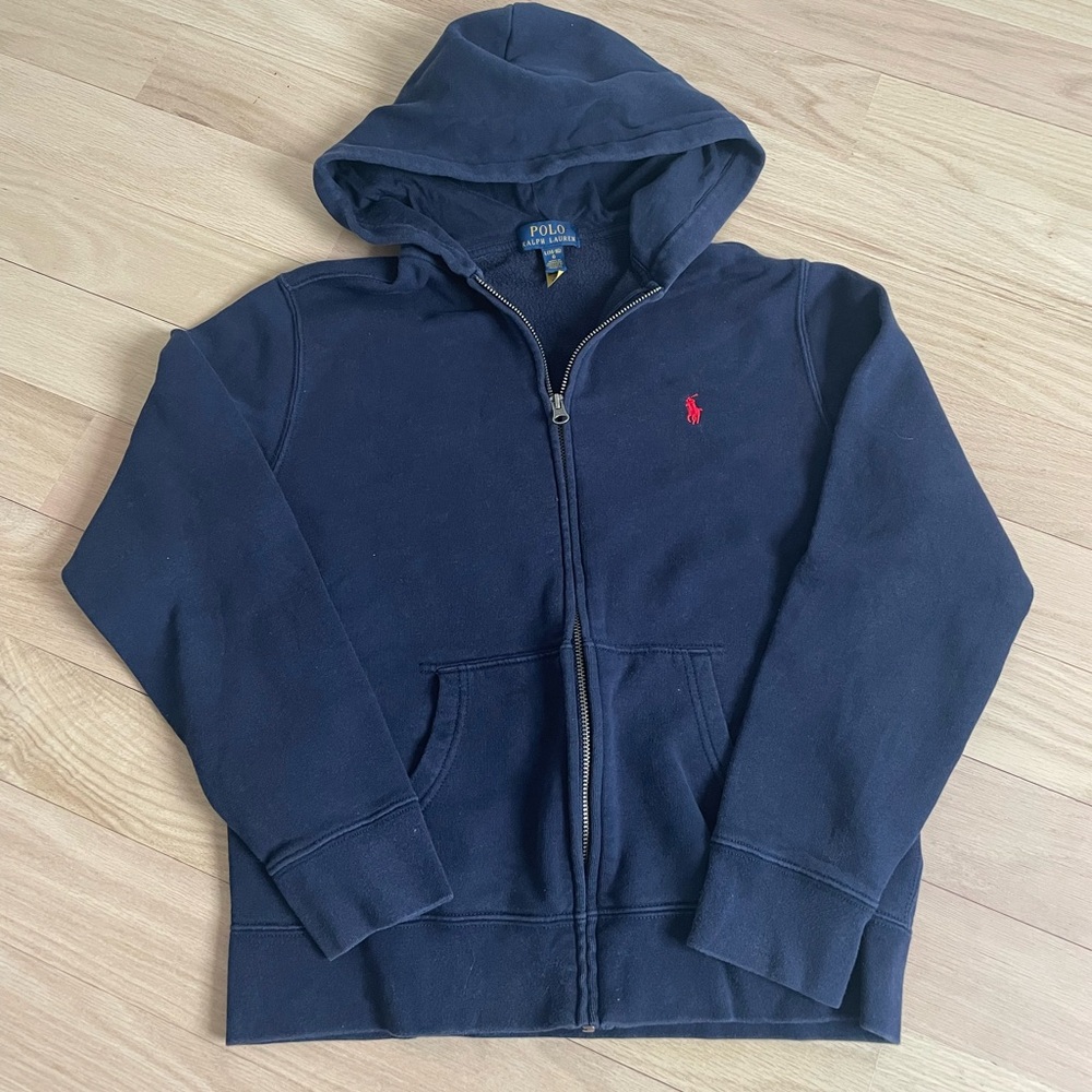 Ralph Lauren Polo Navy Blue Zip Up Sweatshirt GREAT used condition 14/16 L boys